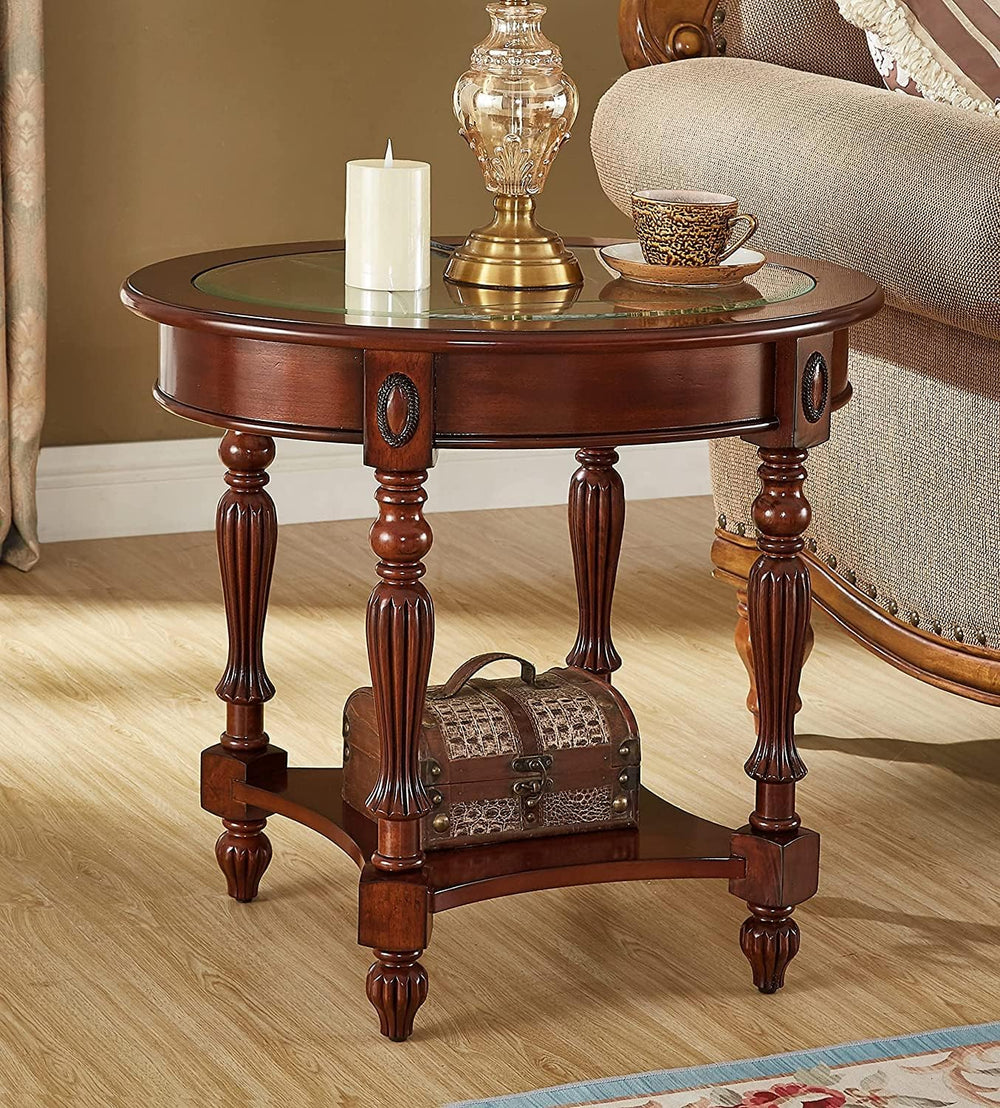 Vintage Solid Wood Oval End Table with Tempered Glass Top, 28"x24" ...