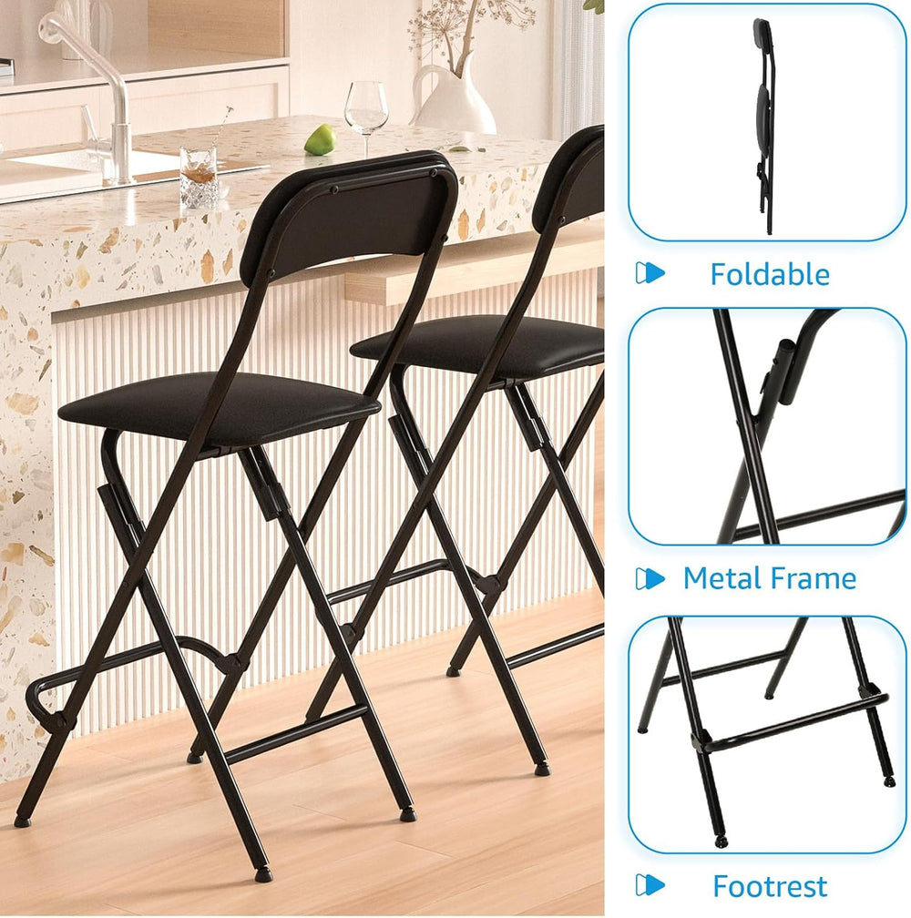 VENI HOME Folding Bar Stool with Backrest,25 Inch Leather Padded Counter Heig...