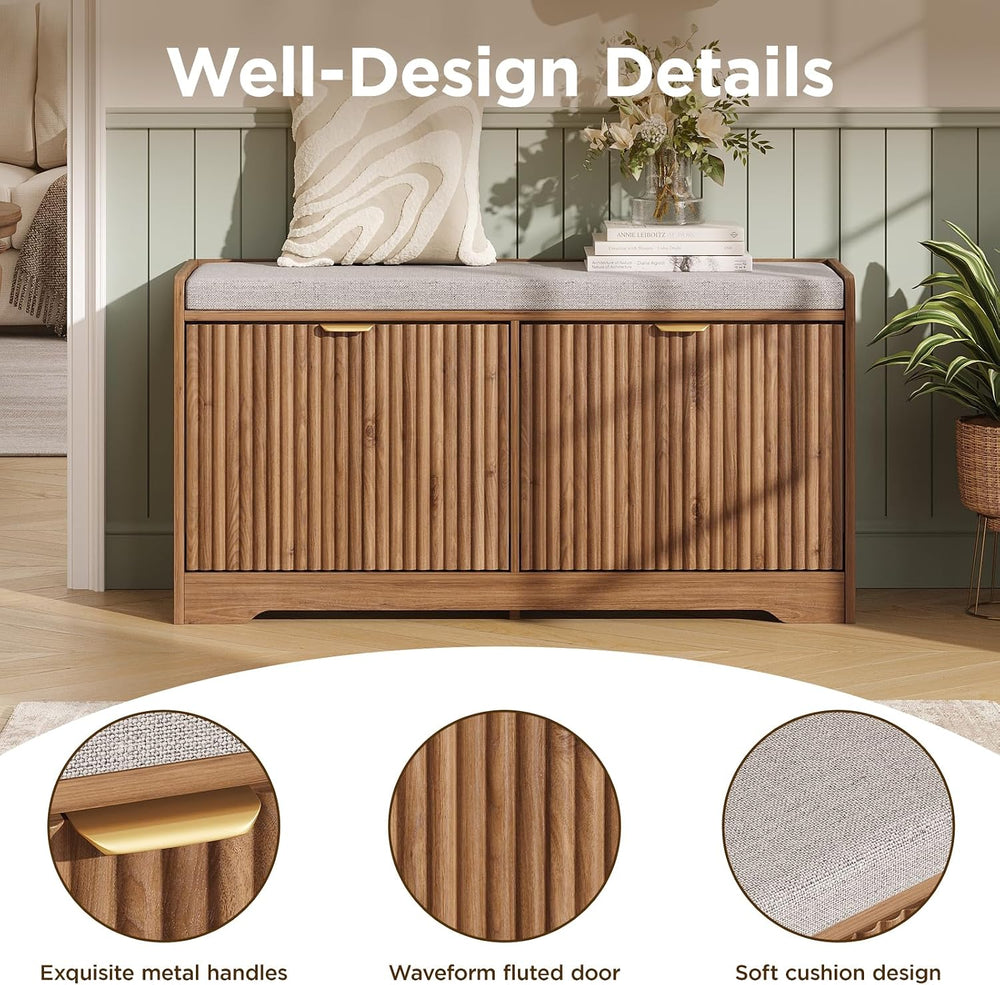 Maupvit Fluted Shoe Bench with 2 Flip-Drawers, 39.4" Narrow Entryway Ben...