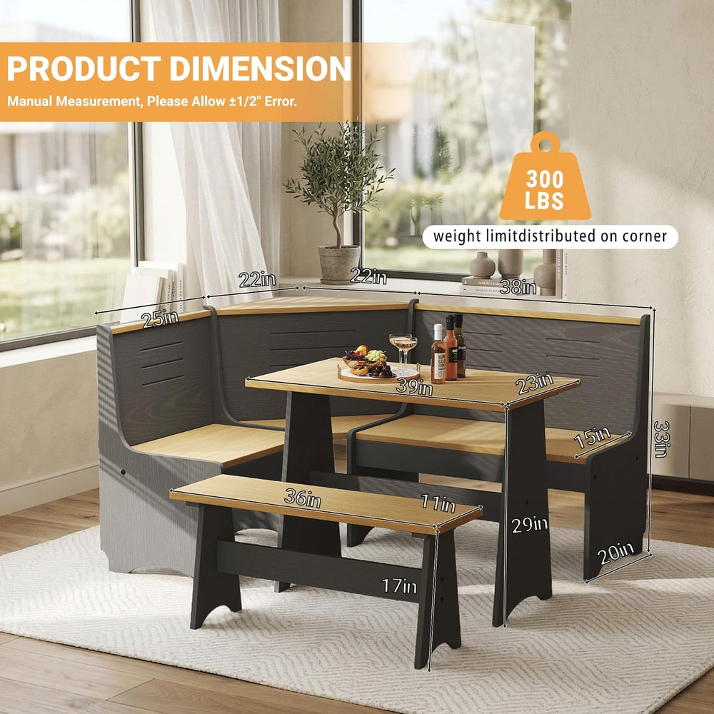 ENOR 3-5 People Breakfast Nook Set, L-Shaped Corner Dining Table with Bench, ...