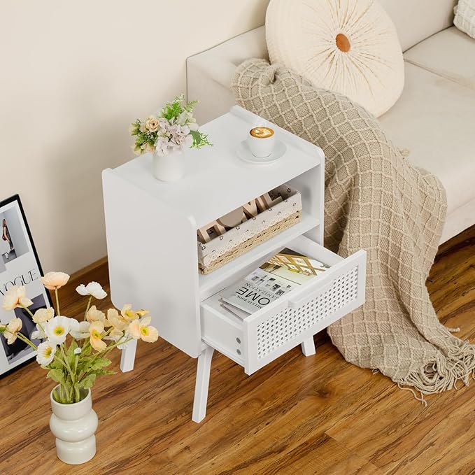 Lerliuo Rattan Nightstand, Side Table with Drawer Open Shelf, Cane Accent Bed...