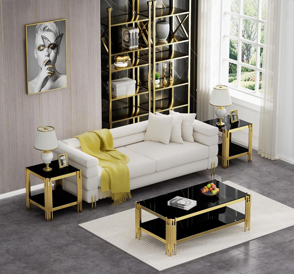 Henf 3-Piece Black Glass Living Room Table Set, 2-Tier Glass Coffee Table &am...