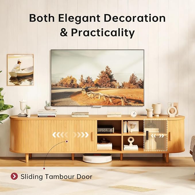 70" Mid Century Modern TV Stand, Wood TV Consoles with Sliding Doors and...
