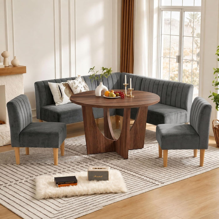 Brelice Breakfast Nook Table Set, Farmhouse 5-Piece Round Dining Table Set with Bench Seating, 47" Kitchen Nook for 4-6 People, Wood Dining Nook Set for Small Spaces (Grey, Walnut Round Table)