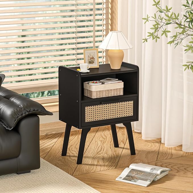 Lerliuo Rattan Nightstand, Bedside Table with Drawer Open Shelf, Cane Accent ...