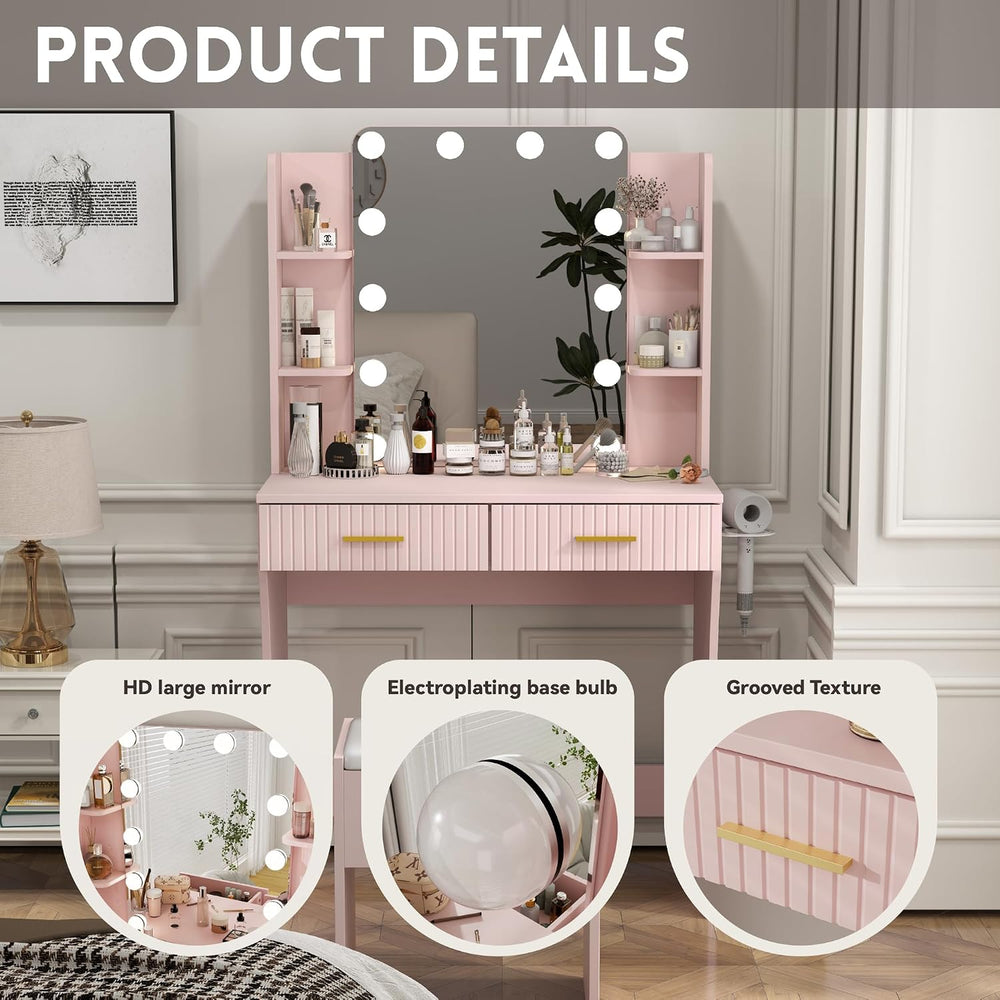 Otterease 31" Makeup Vanity Desk with LED Mirror and Storage Stool, Pink...