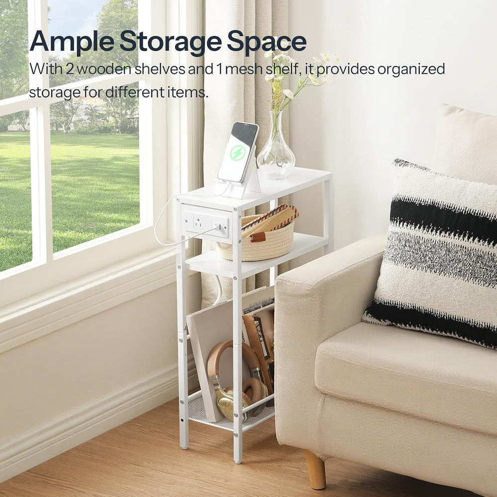 HOOBRO Small Narrow Side Table with Charging Station, Skinny End Table for Sm...
