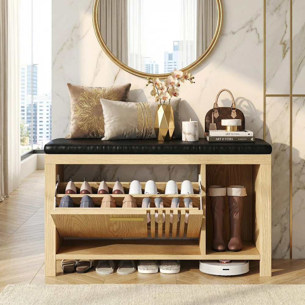 UNIQUITE Shoe Storage Bench with Flip Drawers, Padded Seat Cushion, 39.4"...
