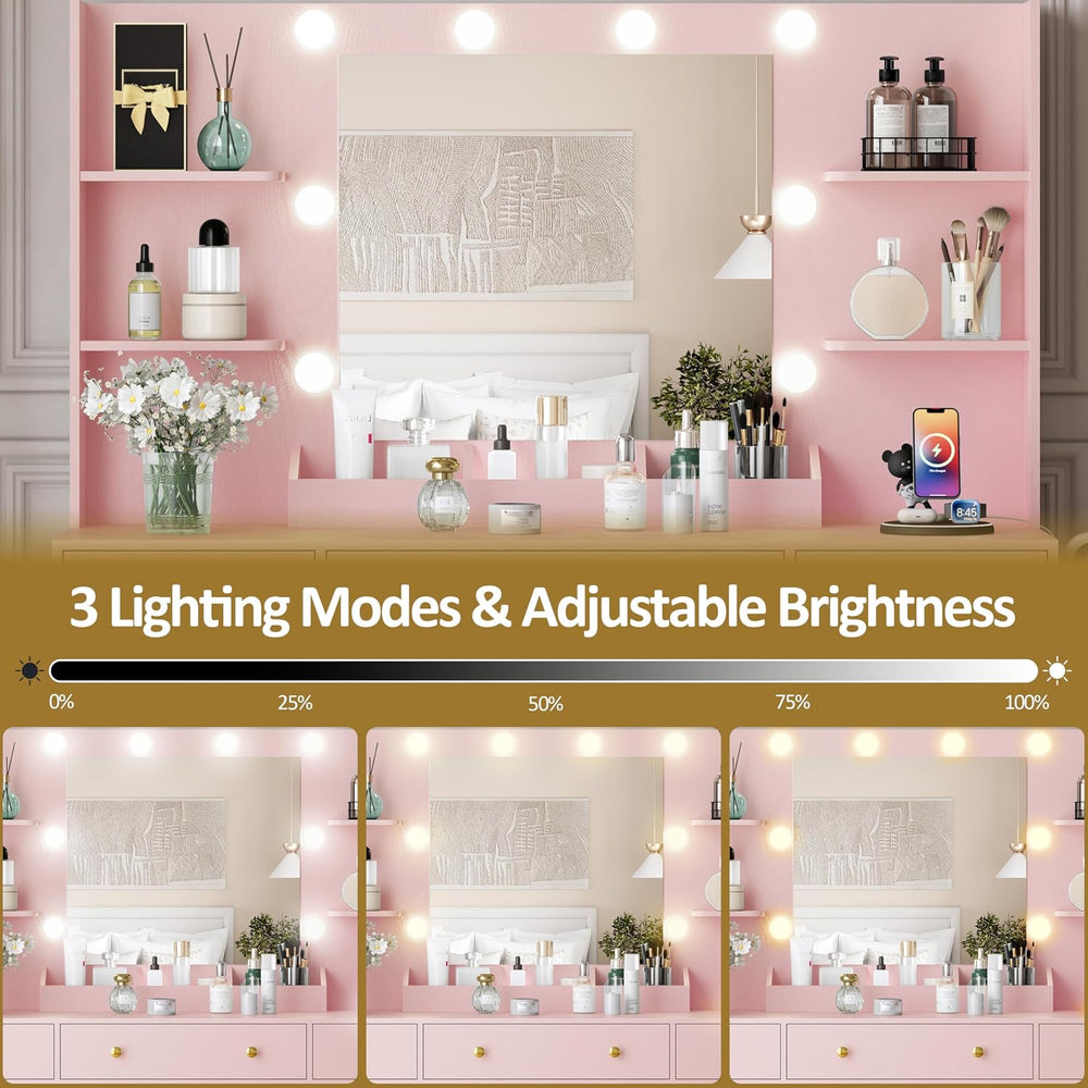 HUANLEGO Large Makeup Vanity Desk with Mirror and Lights, Pink