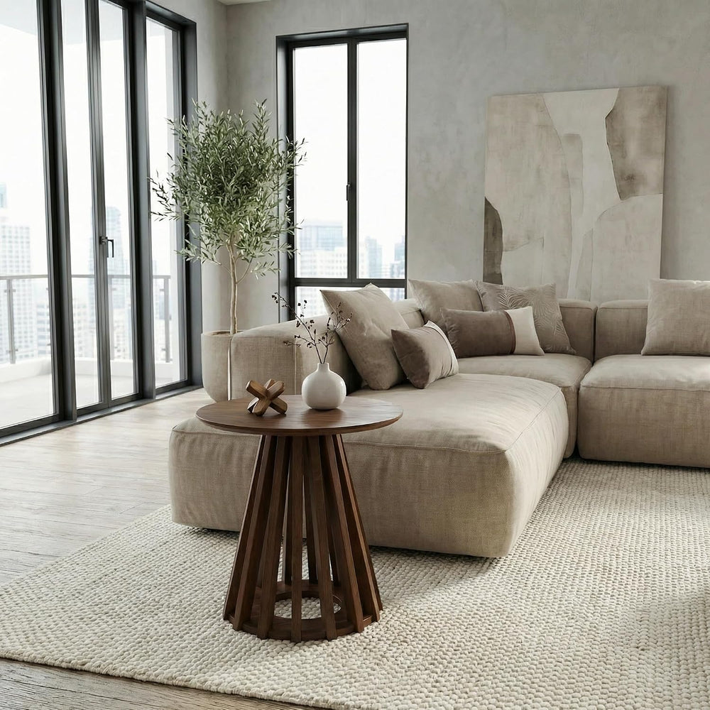 DUOMAY Modern Solid Wood Round Side Table with Geometric Base, Wood Accent En...