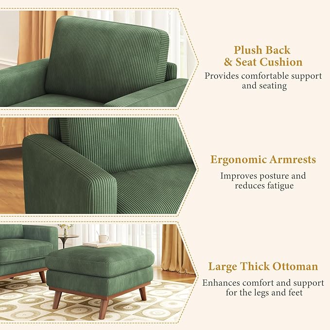 Vesgantti 38.5" Accent Chair with Movable Ottoman, Comfy Corduroy Armcha...