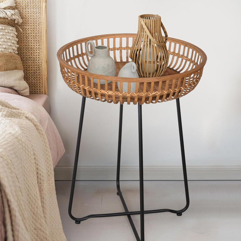 Oakrain Small End Table, Small Round Coffee, Bamboo&Rattan, Accent Table ...