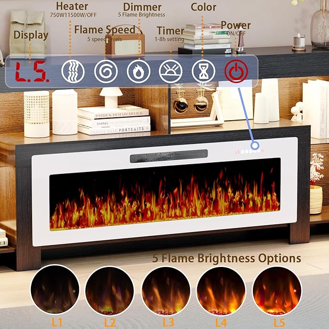 LEMBERI 80 inch Fireplace tv Stand with 50 inch White Fireplace Up to 90"...