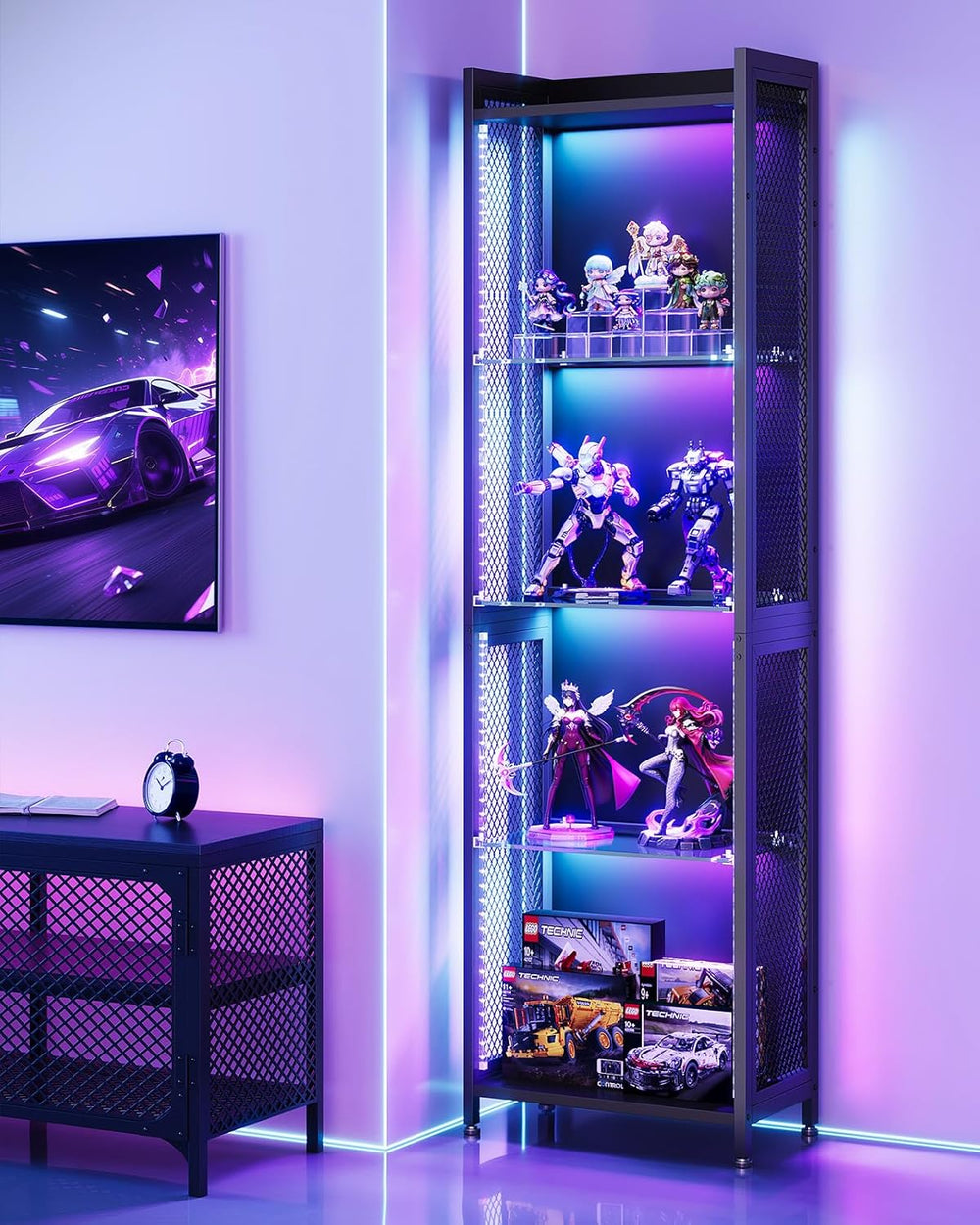 AODK Display Case with LED Lights, Display Cabinet with Open Glass Shelves fo...