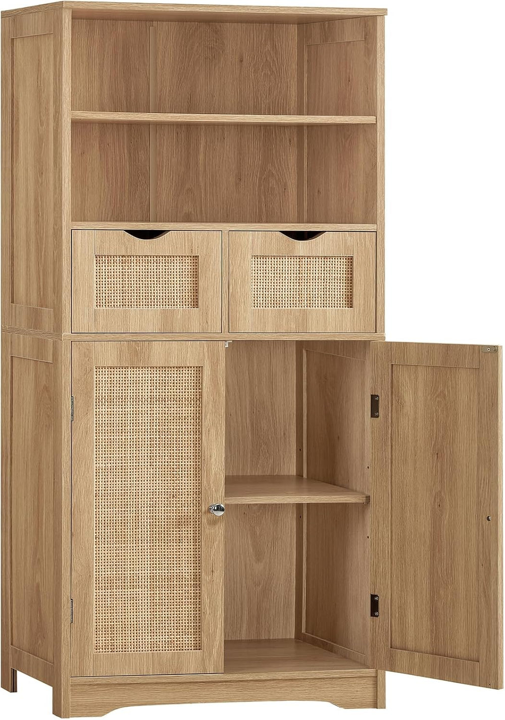 Iwell Tall Storage Cabinet, Rattan Cabinet with 2 Drawers & Adjustable Sh...