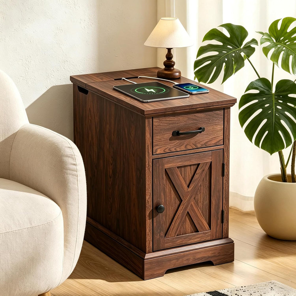 HOMMPA 23.6'' Farmhouse Narrow End Table w/Charging Station Rustic Ch...