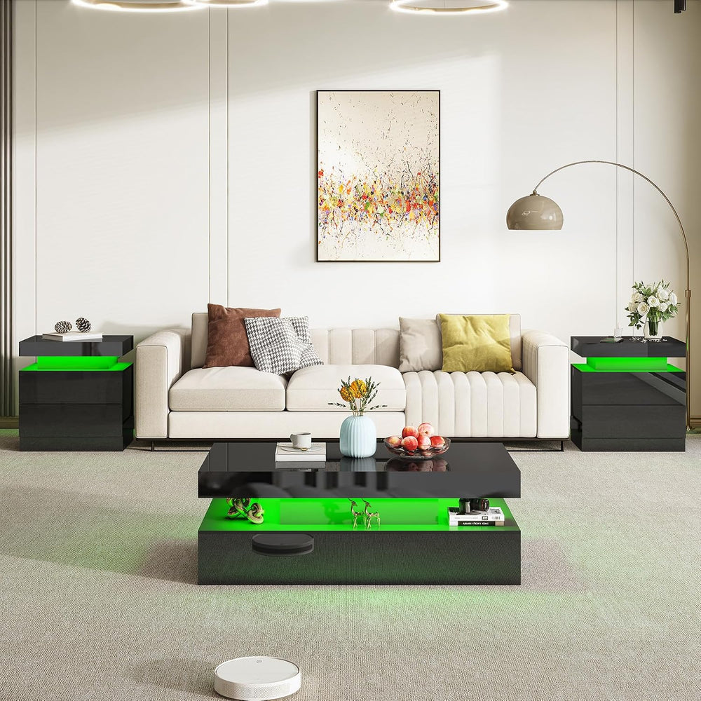 AMERLIFE High Gloss 3 Pieces Living Room Table Set, Modern LED Coffee Table S...