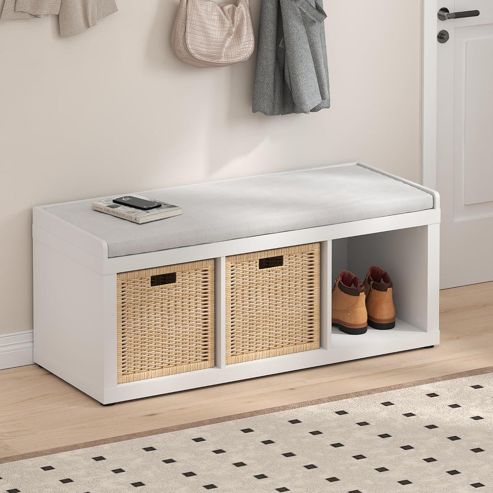 Furinno Cubicle Storage Bench, Shoe Bench with Padded Seat Cushion, 3-Cube Op...