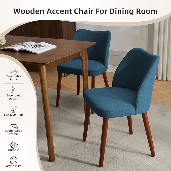 Dining Chair Set of 4, Linen Upholstered Dining Chair with Wood Legs, Wing Ba...