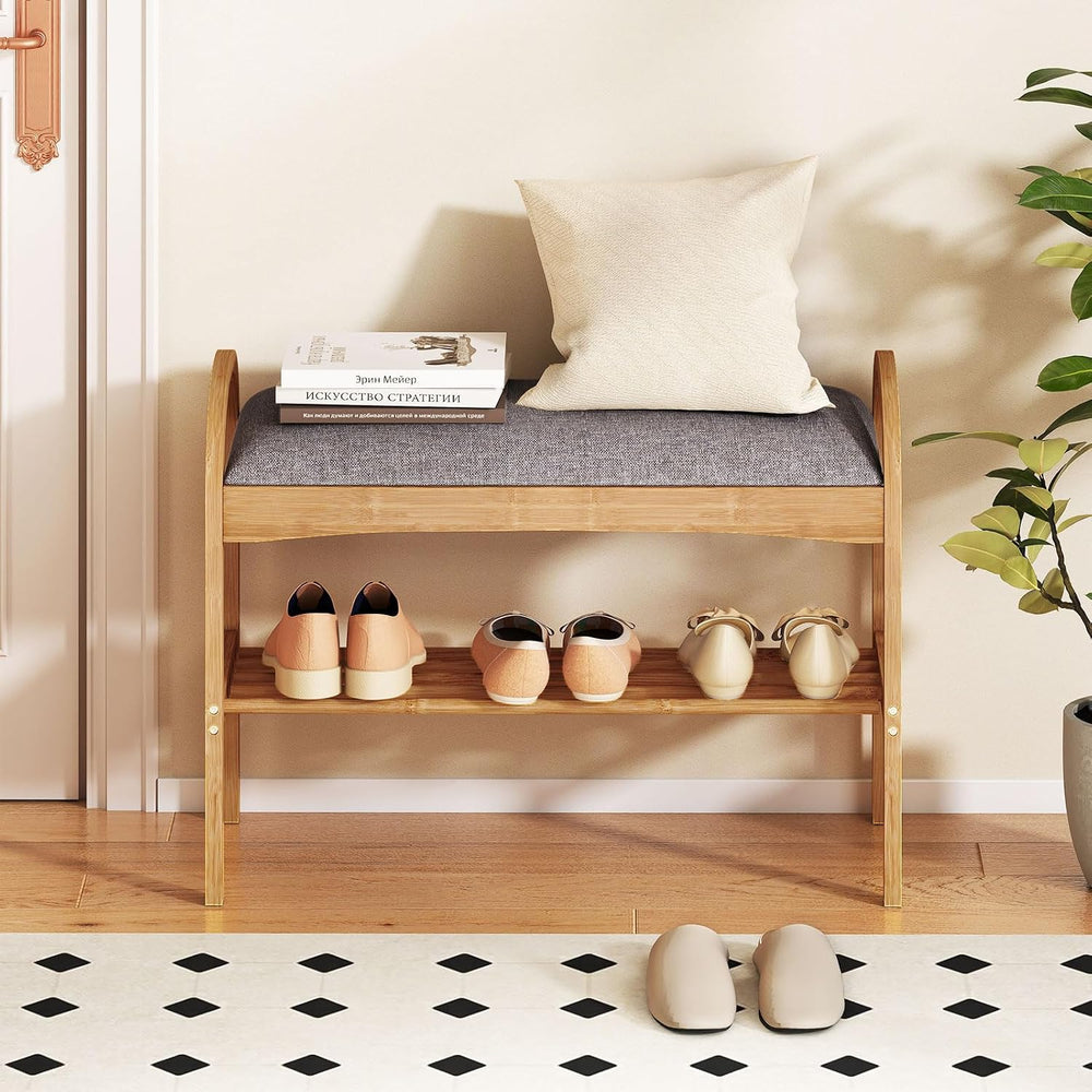 Giantex Shoe Rack Bench, Bamboo 2-Tier Entryway Bench with Padded Cushion, Sh...