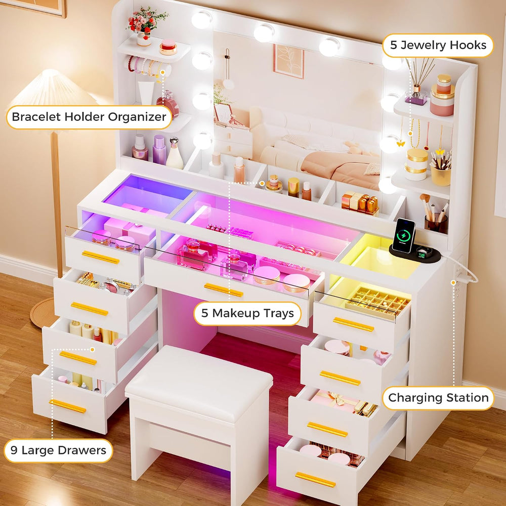 ANWBROAD Large Vanity Desk with Mirror and Lights & Transparent Glass Top...