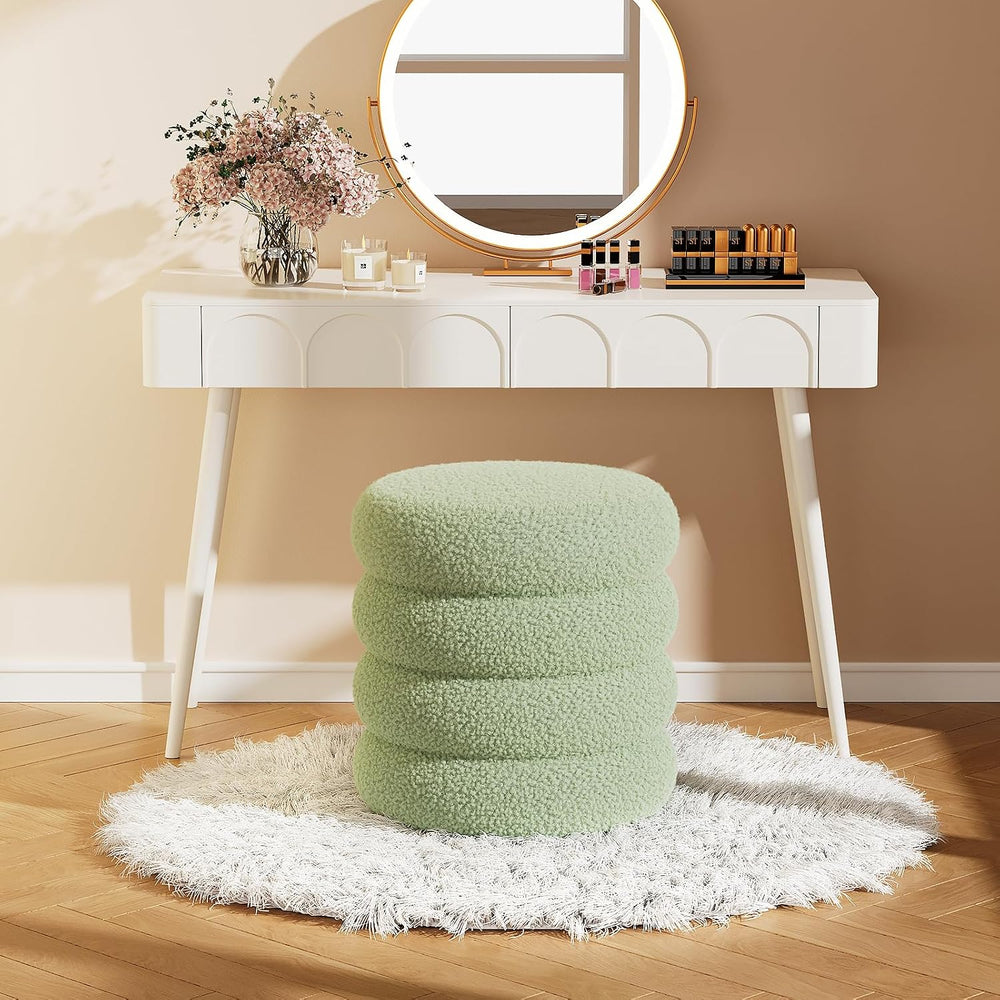 Soft Teddy Round Ottoman with Tray, 17.5 Inches Ottoman Coffee Table with Sto...
