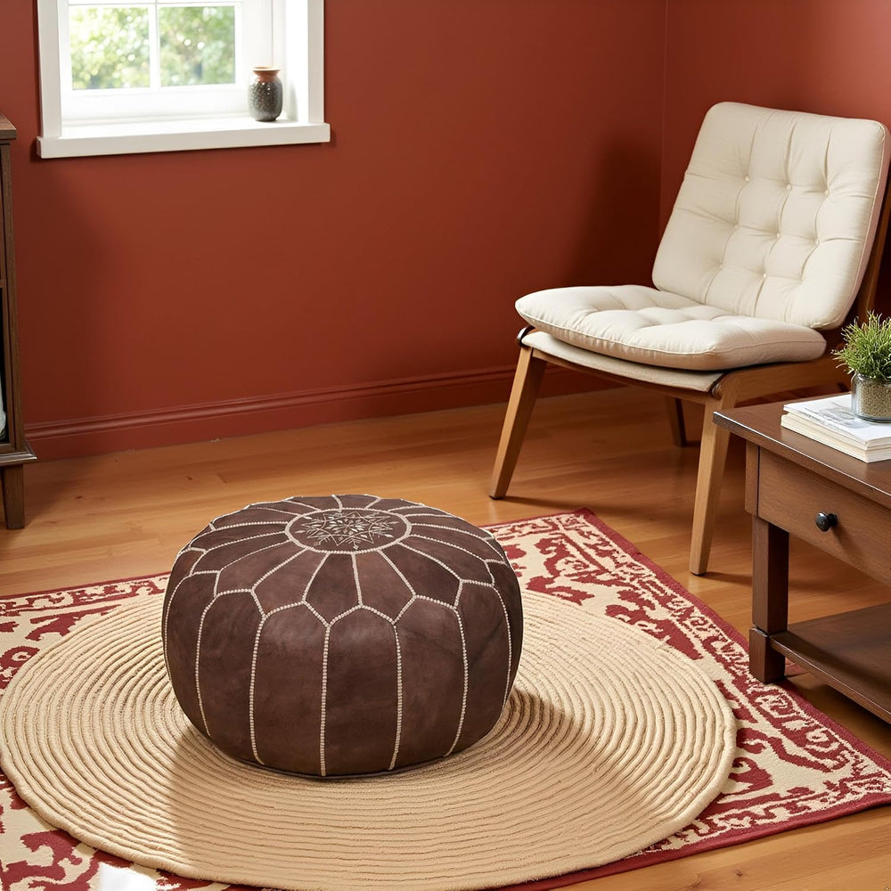 Stuffed Round Design Moroccan Leather Pouf Ottoman, Handmade, Pre-Filled, 100...