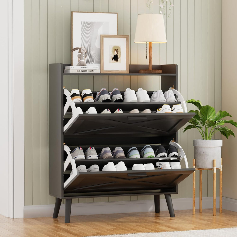 Homleke Farmhouse Shoe Storage Cabinet with Flip Drawers & Barn Door Desi...