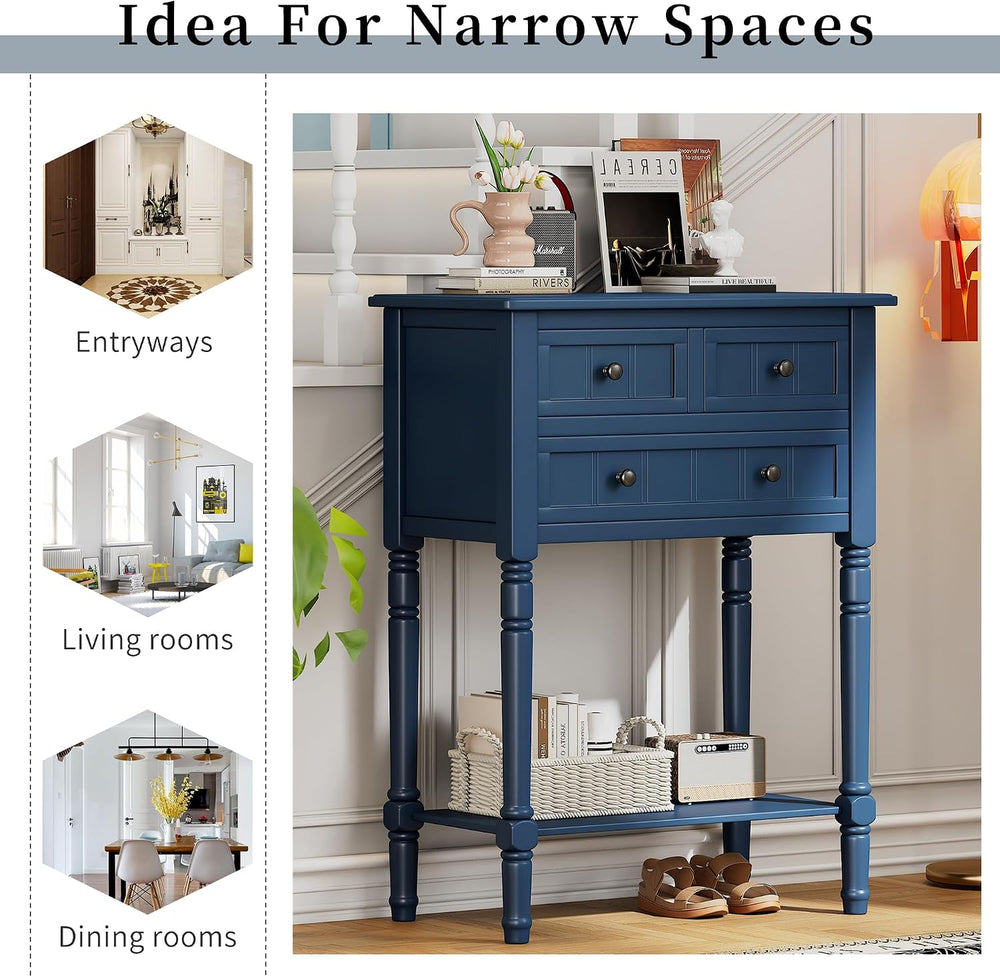 Merax Small Entryway Table with Drawer ans Shelf, Navy | Slim Sofa Table Behi...