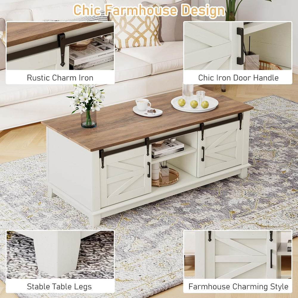 LUXOAK Farmhouse Table Set of 3, Coffee Table with Sliding Barn Doors, End Ta...