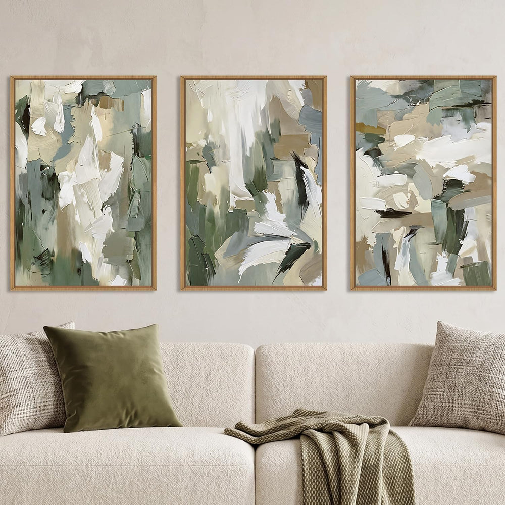 Large Abstract Green Beige Framed Canvas Wall Art Set,Neutral Brush Stroke Wa...