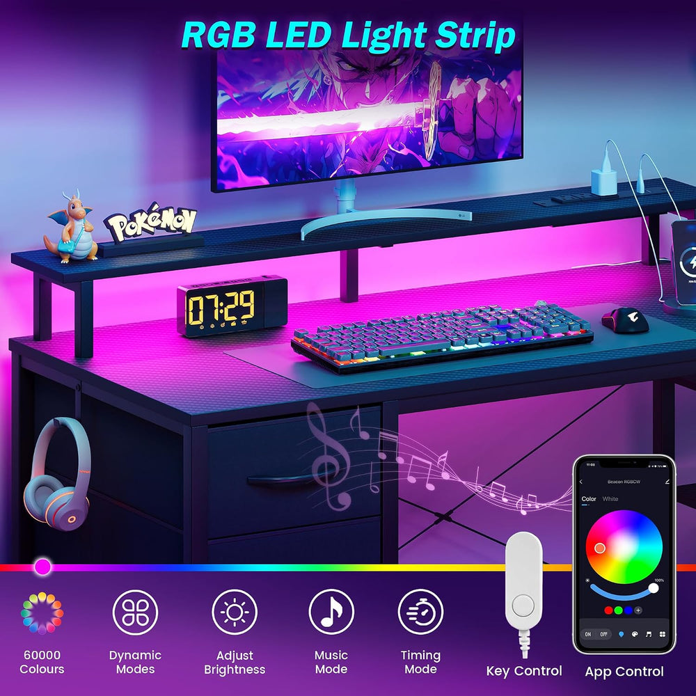 51 Inch Gaming Desk with Drawers & PC Tower Stand & LED Lights, Black