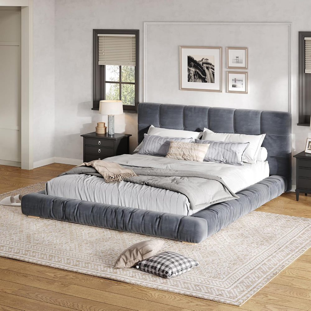 Queen Upholstered Velvet Platform Bed Frame with Tufted Headboard,Gray#03