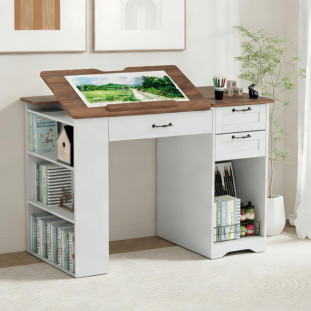 Drafting Table with Storage Cabinet & Drawers, Adjustable Drawing Desk wi...