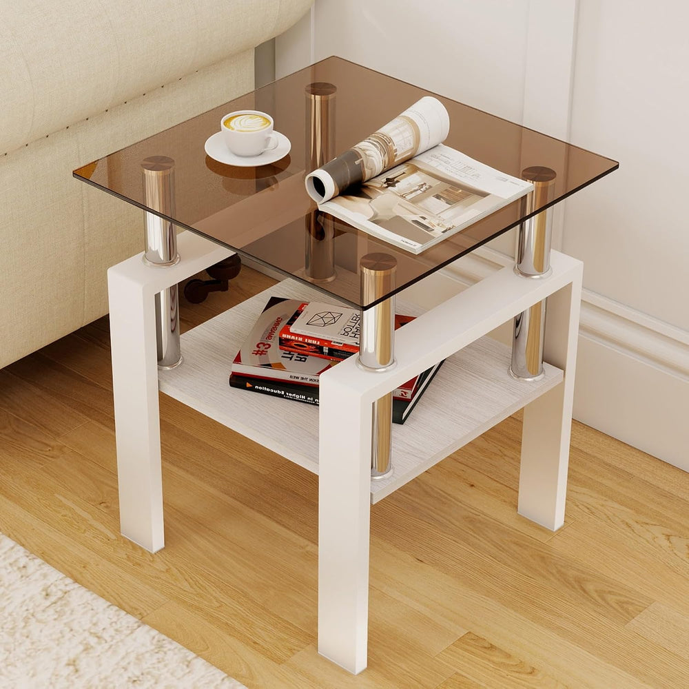 Set of 2 Glass End Table, 2-Layer Glass Living Room Table, Modern Tea Table S...