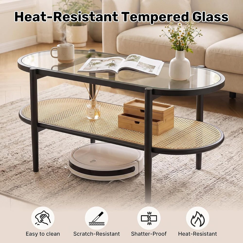 Boho Oval Coffee Table with Storage Shelf, 2-Tier Tempered Glass