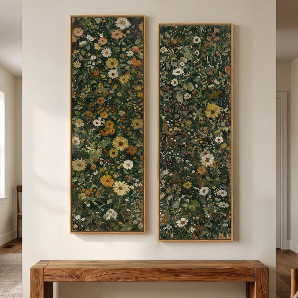Large Framed Vintage Long Narrow Floral Wall Art for Living Room, 60x20 In