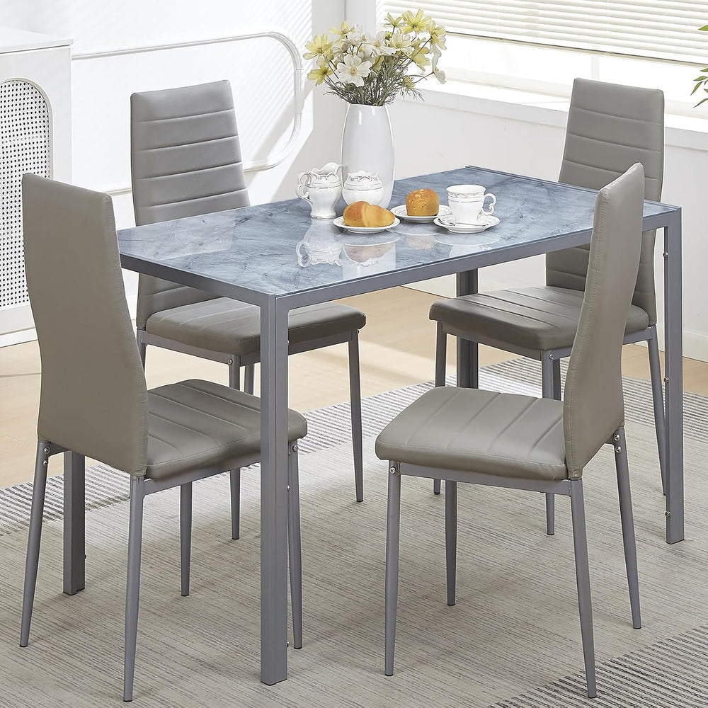 5-Pieces Gray Marble Dining Room Set for 4, Contemporary Kitchen Table and Up...