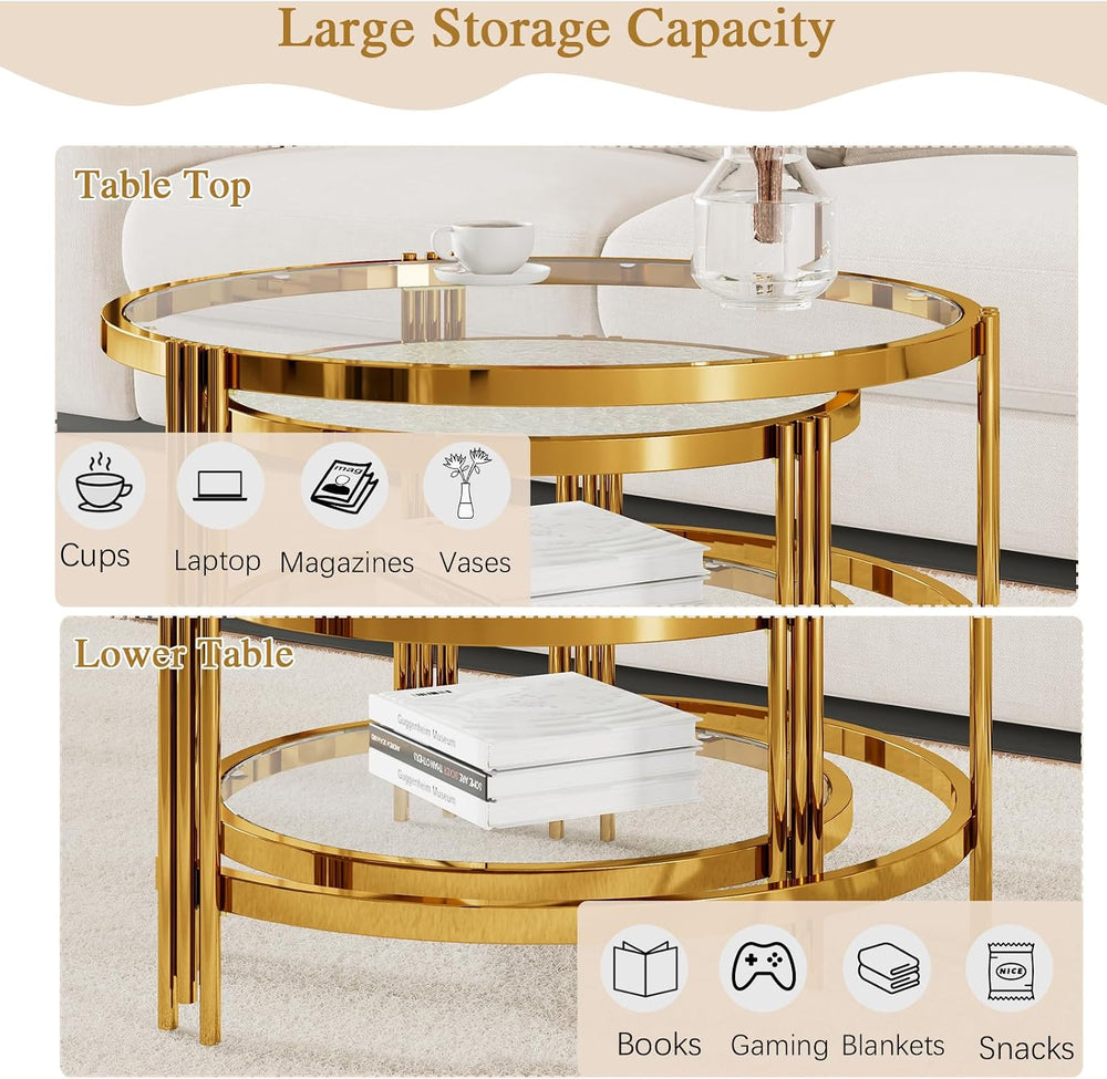 32.75" Round Glass Coffee Table Set of 2, 2-Tier Luxury Nesting Coffee T...