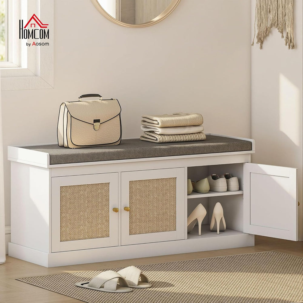HOMCOM Shoe Bench with Woven Rattan Doors, Shoe Storage Bench with Cushion, A...