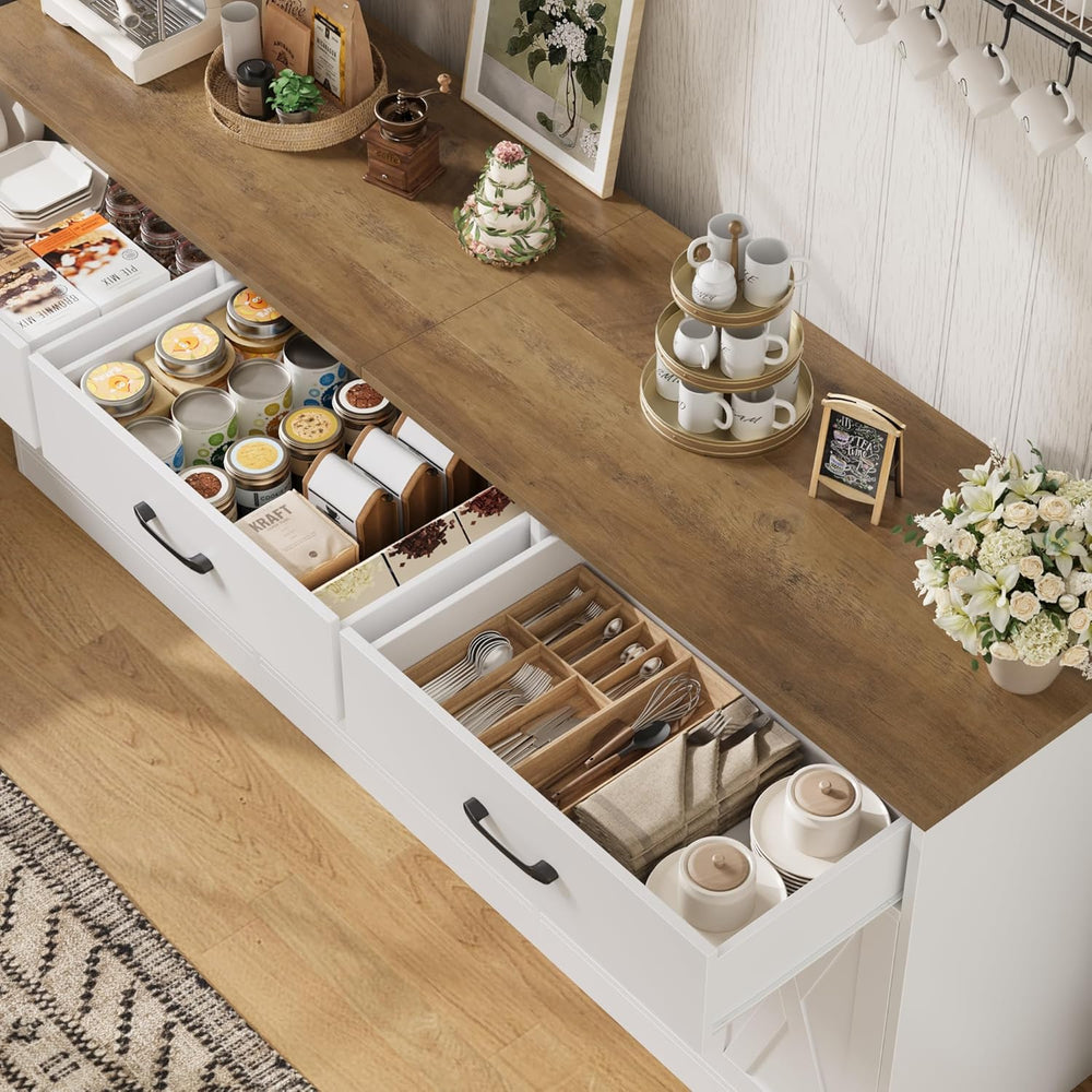 HOSTACK 71"W Farmhouse Kitchen Sideboard Buffet Cabinet with Storage, White