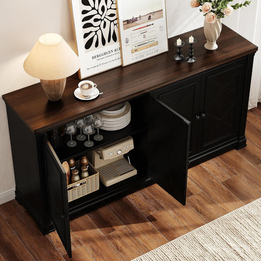ONBRILL 63 Inch Buffet Cabinet with Storage, 4 Barn Doors, Black
