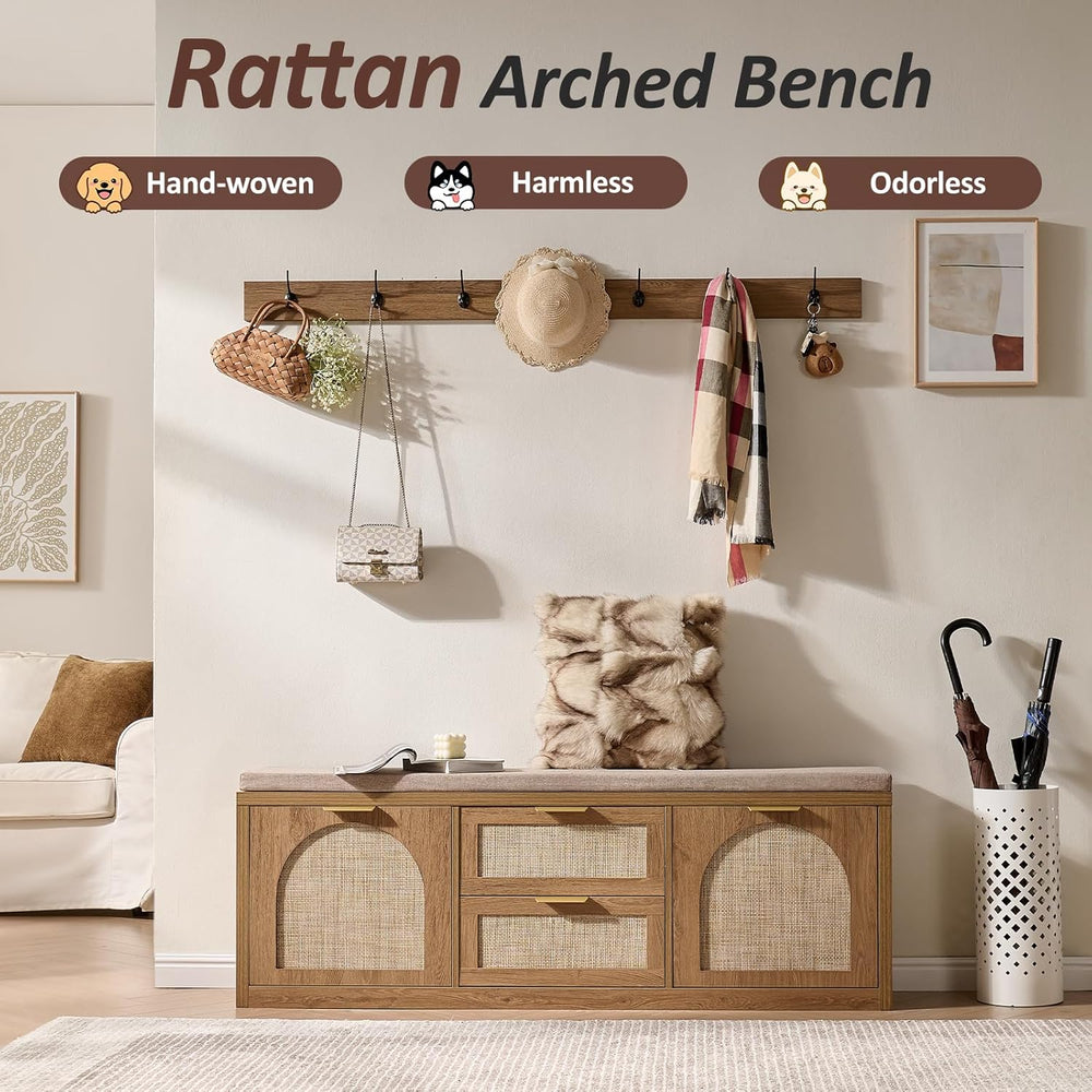 Rattan Narrow Entryway Bench with Shoe Storage, 4 Drawers & Coat Rack, Mi...