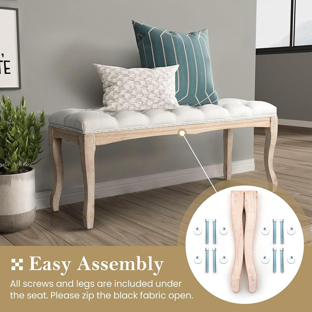 French Country Linen Bedroom Bench with Solid Wood Legs, 43.3" Button-Tu...