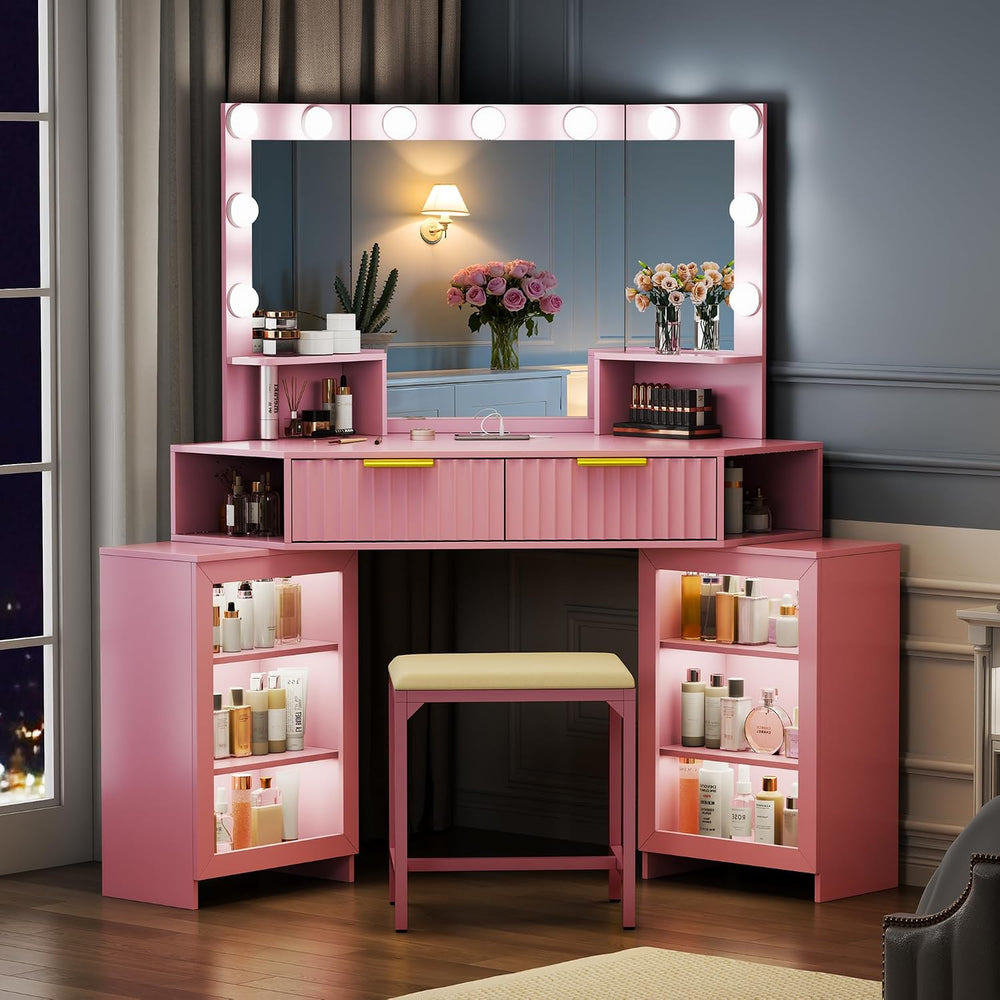 Corner Makeup Vanity with LED Triple Mirror and Charging Station - Pink | SKK...
