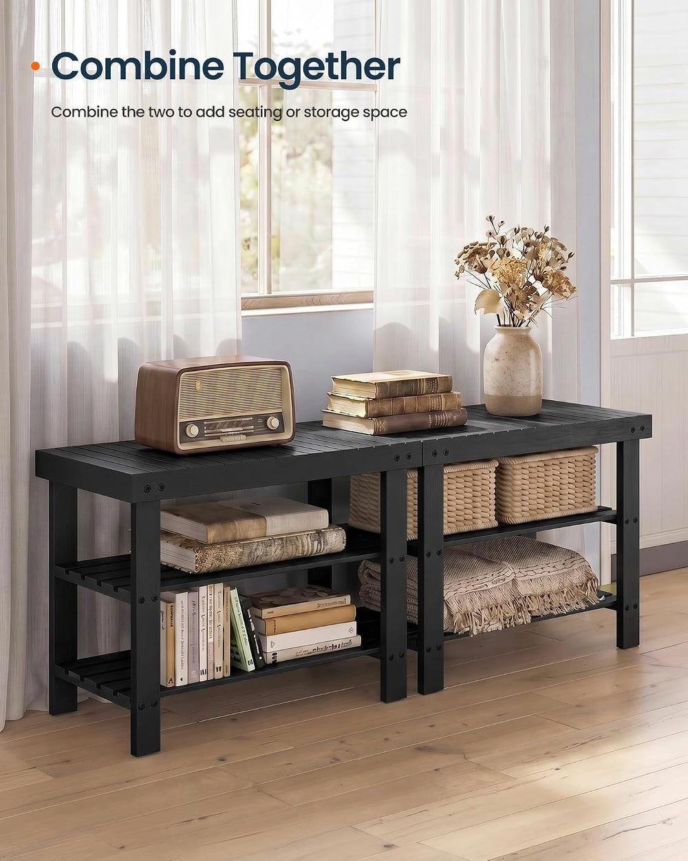 SONGMICS HOME 3-Tier Bamboo Shoe Bench, Shoe Rack, for Entryway Bathroom Bedr...
