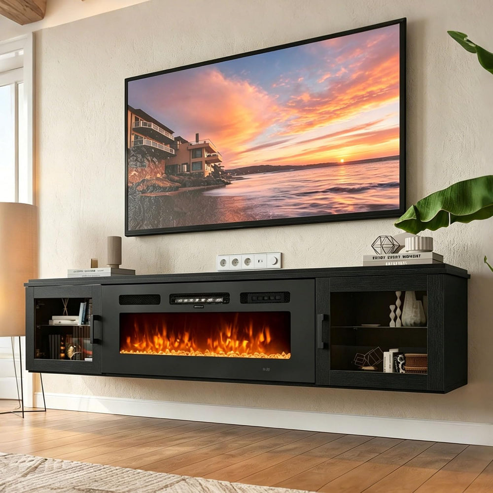 80" Floating TV Stand with 36" Electric Fireplace, Brown & Blac...
