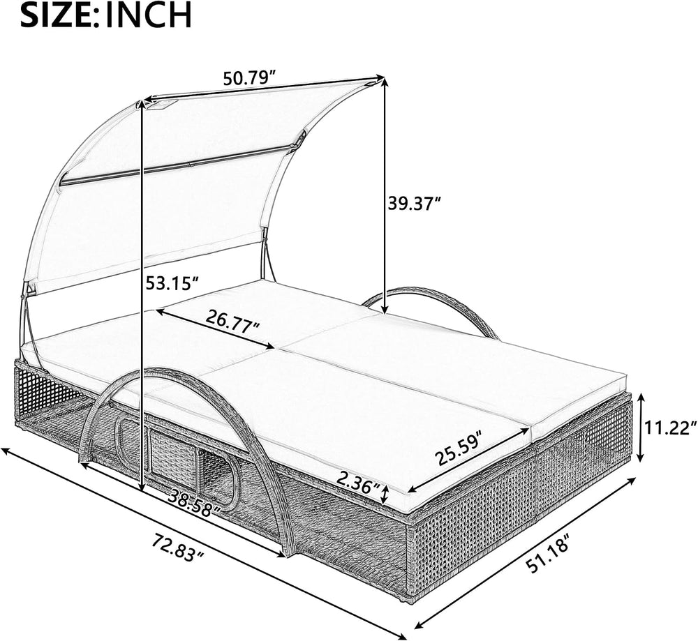 Outdoor Sun Lounger with Adjustable Backrest,Canopy, Patio Double Sunbed with...