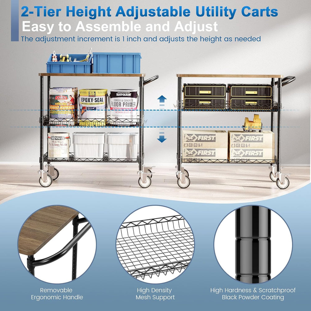 Rolling Kitchen Carts with Wheels, 3-Tier Utility Cart with Wood Tabletop