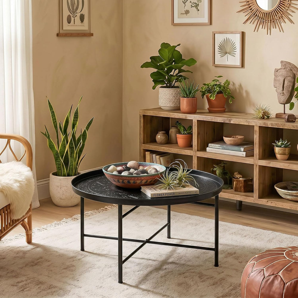 HOMCOM 24" Hammered Round Coffee Table Vintage Metal Side Table Black